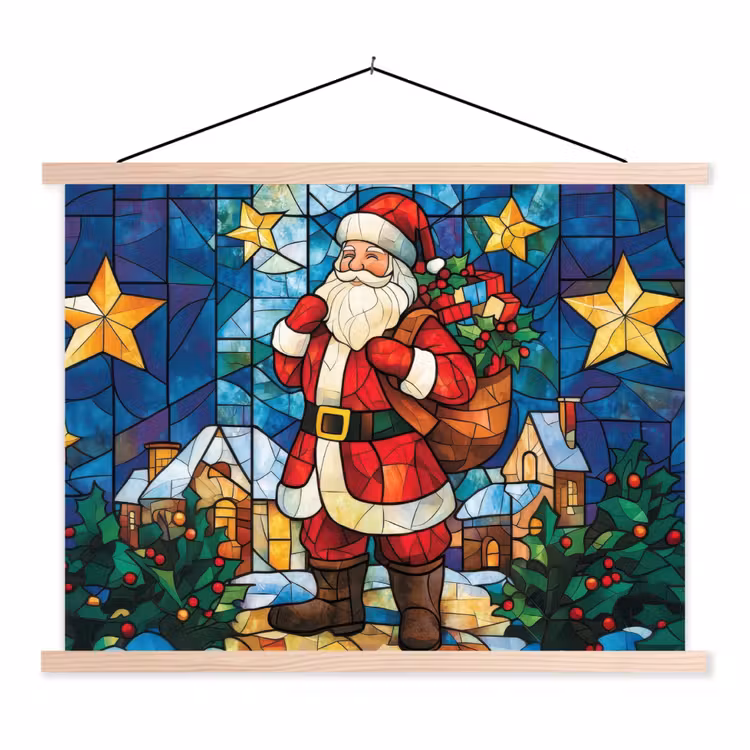 Kerstman - Glas - Kleurrijk textielposter latten blank klein -3d