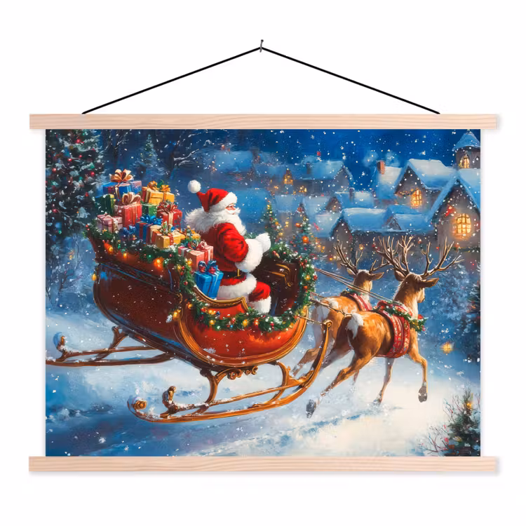 Kerstman - Rendier - Kerst - Sneeuw textielposter latten blank klein -3d