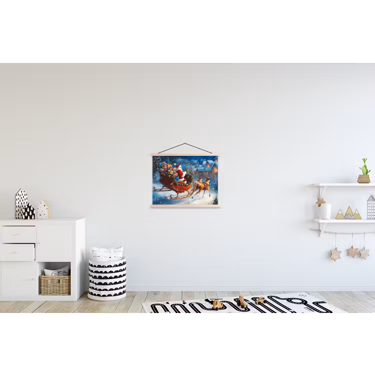 Kerstman - Rendier - Kerst - Sneeuw textielposter latten blank klein -kinderkamer