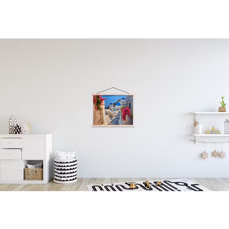 Santorini - Bloemen - Griekenland textielposter latten blank klein -kinderkamer