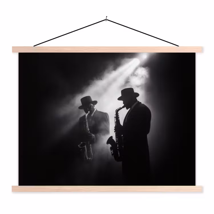 Saxofonisten - Hoeden - Rook - Licht textielposter latten blank klein -3d