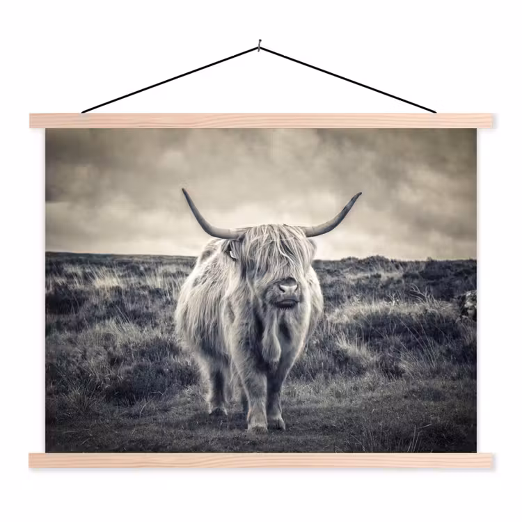 Schotse hooglander - Dieren - Wolken - Koe - Natuur textielposter latten blank klein -3d
