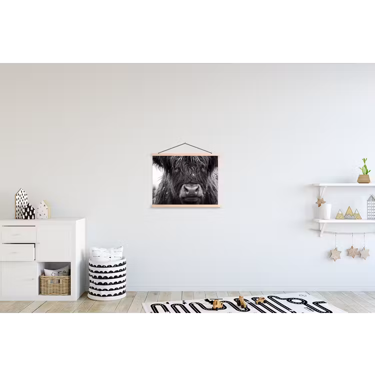 Schotse hooglander - Zwart - Wit - Sneeuwvlokken textielposter latten blank klein -kinderkamer