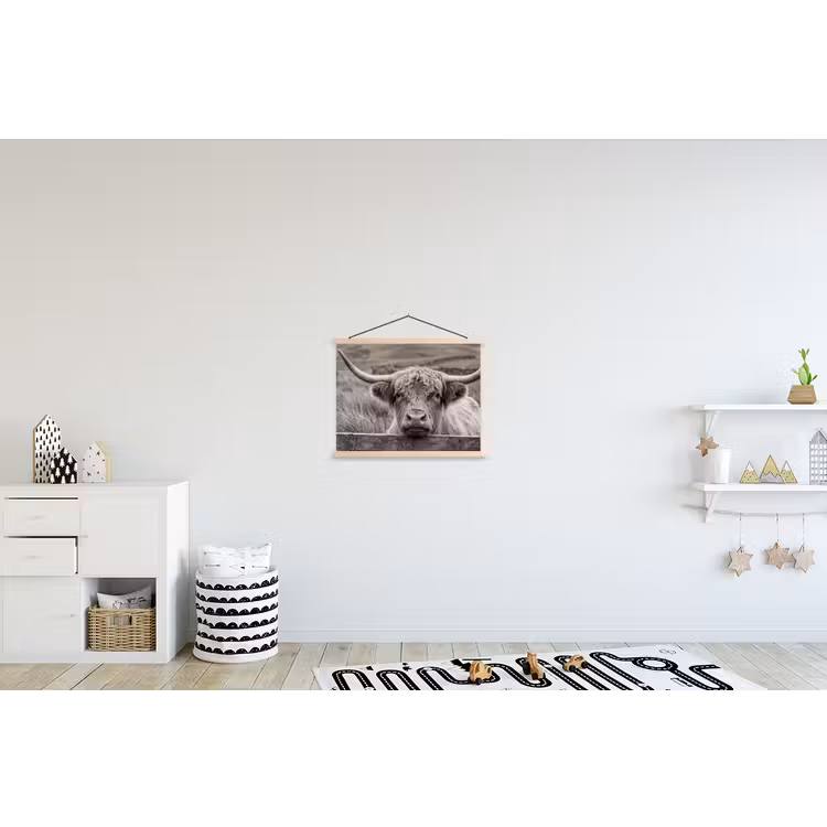 Schotse hooglander - Zwart - Wit - Hout textielposter latten blank klein -kinderkamer