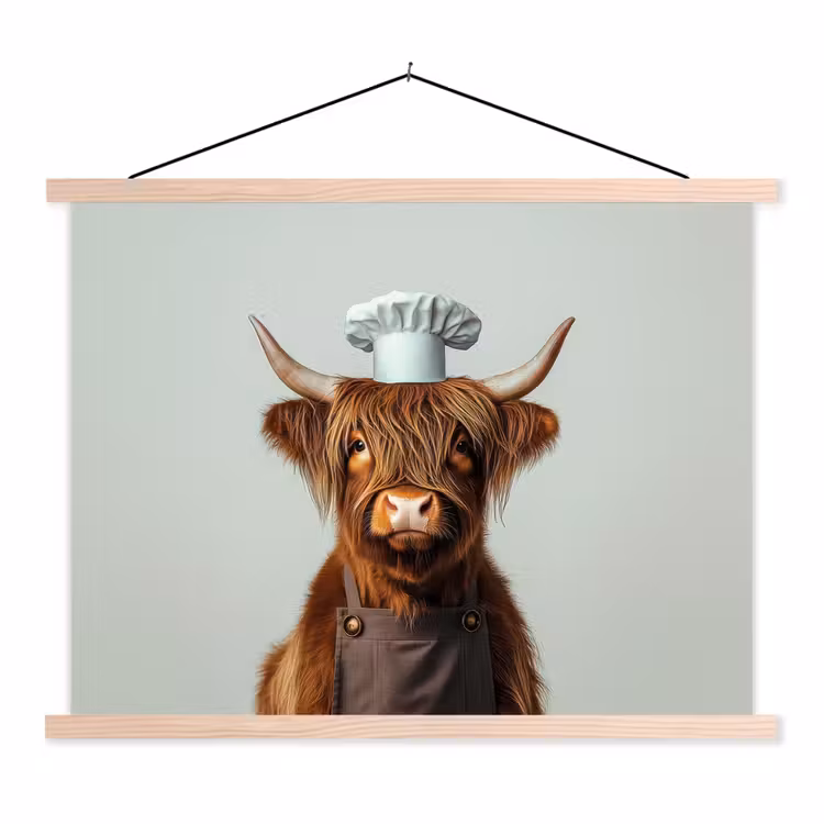 Schotse Hooglander - Bruin - Hoorns - Kokskleding textielposter latten blank klein -3d