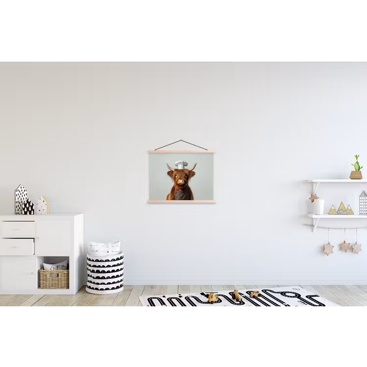 Schotse Hooglander - Bruin - Hoorns - Kokskleding textielposter latten blank klein -kinderkamer