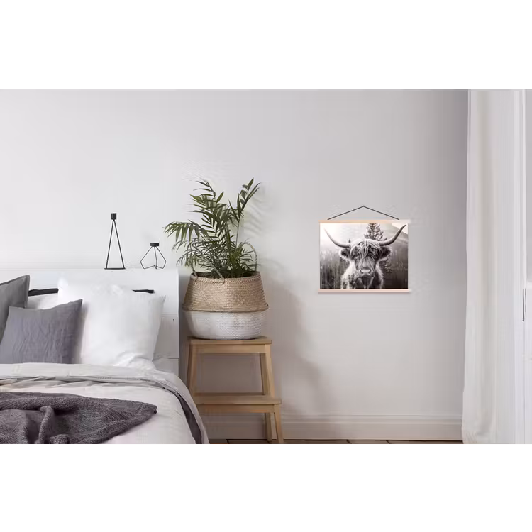 Schotse hooglander - Koe - Dieren - Zwart - Wit textielposter latten blank klein -woonkamer