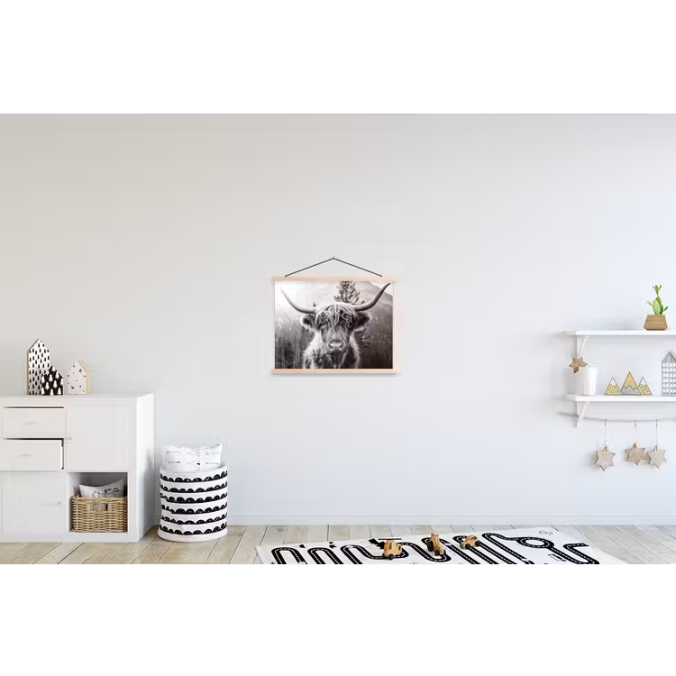 Schotse hooglander - Koe - Dieren - Zwart - Wit textielposter latten blank klein -kinderkamer
