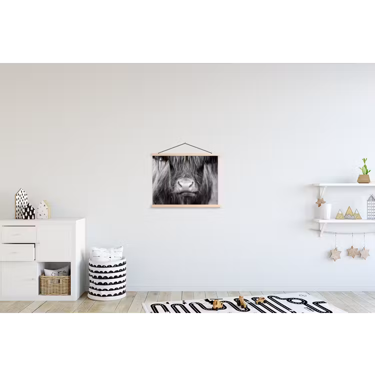 Schotse hooglander - Koe - Zwart - Wit - Dieren textielposter latten blank klein -kinderkamer