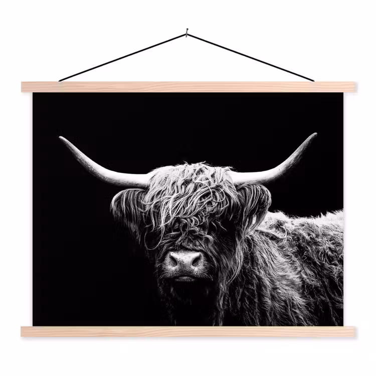 Schotse Hooglander - Koe - Zwart - Wit - Dieren textielposter latten blank klein -3d