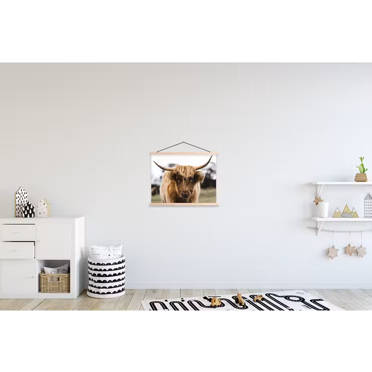 Schotse Hooglander -  Koe - Gras - Dieren - Natuur textielposter latten blank klein -kinderkamer