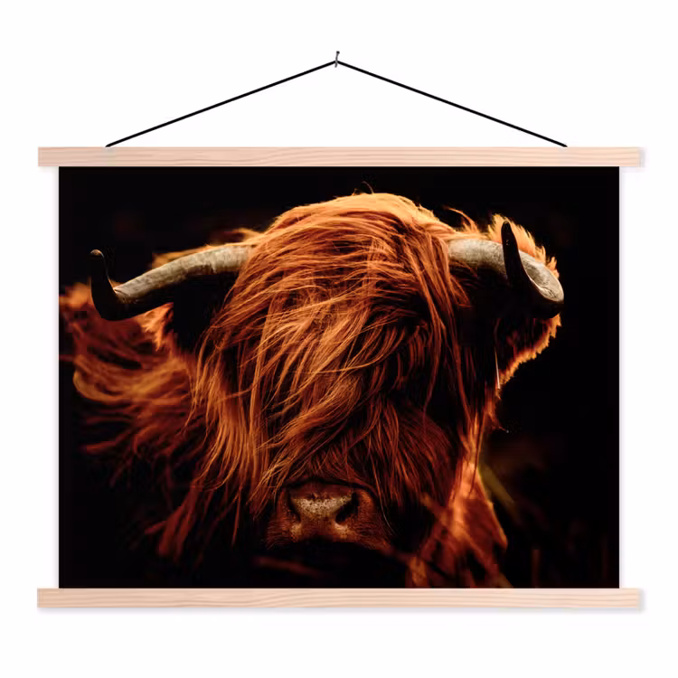 Schotse hooglander - Koe - Hoorns - Portret - Dieren textielposter latten blank klein -3d