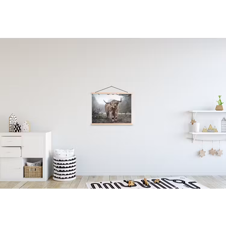 Schotse Hooglander - Bos - Mist - Koe - Dieren - Natuur textielposter latten blank klein -kinderkamer