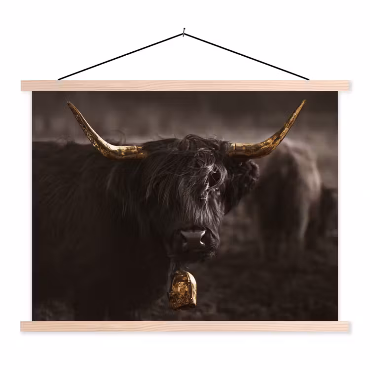 Schotse hooglander - Goud - Koebel - Hoorns - Dieren textielposter latten blank klein -3d