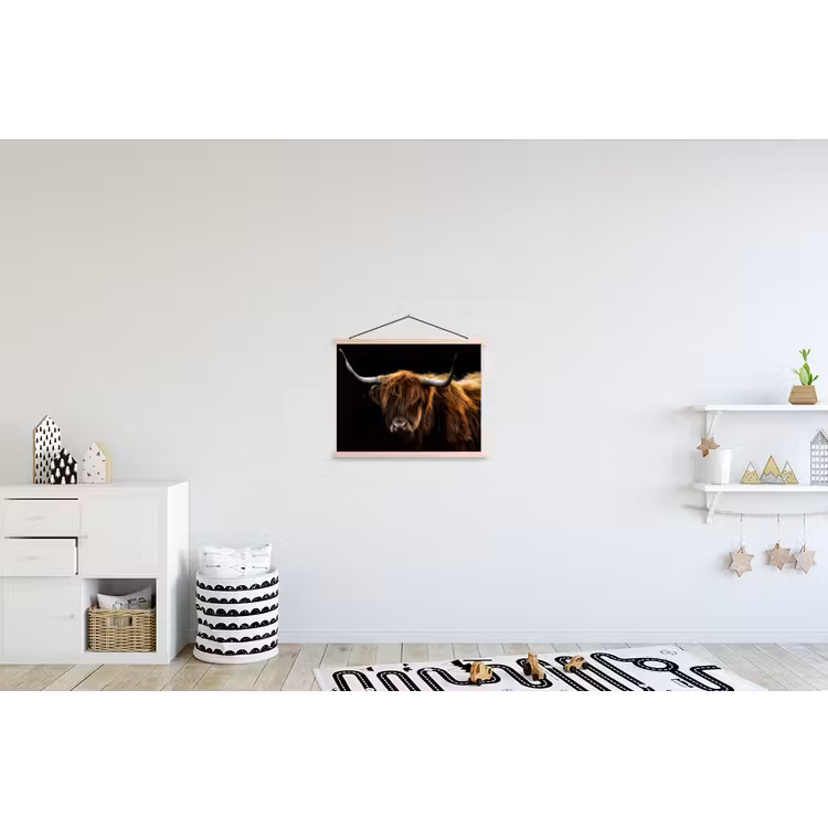 Schotse Hooglander - Horens - Zwart - Dieren - Natuur - Wild - Koe textielposter latten blank klein -kinderkamer