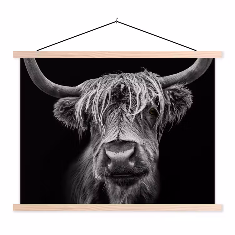 Schotse Hooglander - Horens - Zwart - Wit - Koe - Wild - Dieren textielposter latten blank klein -3d