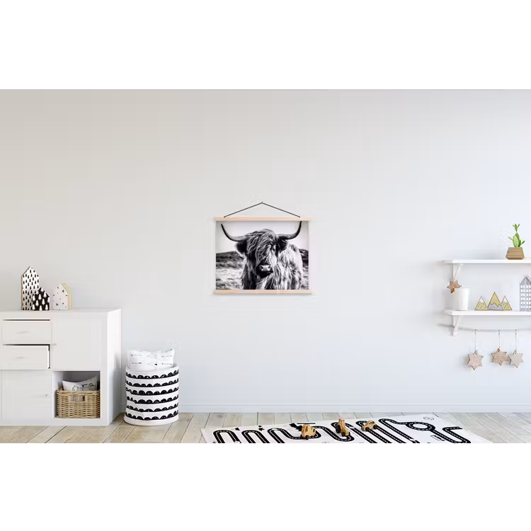 Schotse hooglander - Natuur - Koe - Zwart - Wit textielposter latten blank klein -kinderkamer