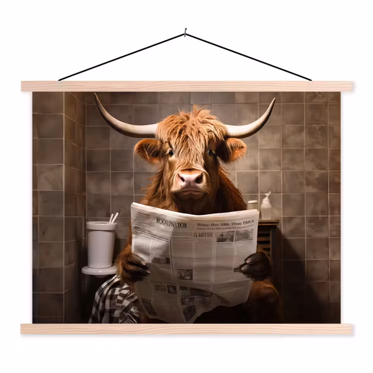 Schotse hooglander - Krant - Toilet textielposter latten blank klein -3d