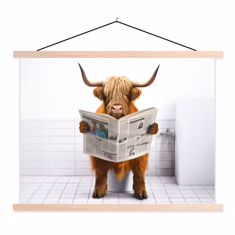 Schotse hooglander - Krant - Toilet - WC - Wit - Koe textielposter latten blank klein -3d