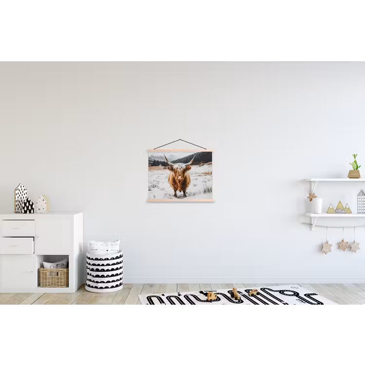 Schotse Hooglander - Sneeuw - Winter - Dieren textielposter latten blank klein -kinderkamer
