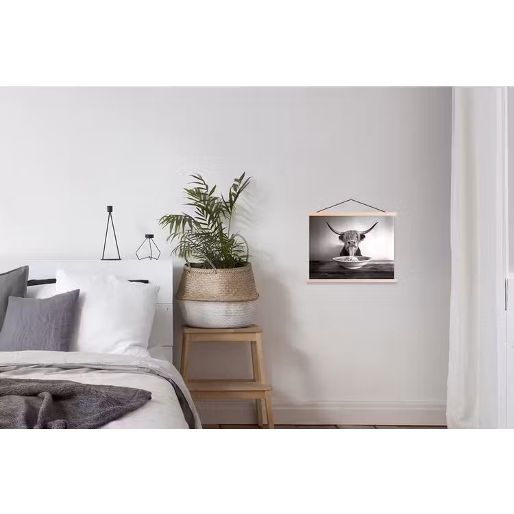 Schotse Hooglander - Spaghetti - Dieren - Zwart wit textielposter latten blank klein -woonkamer