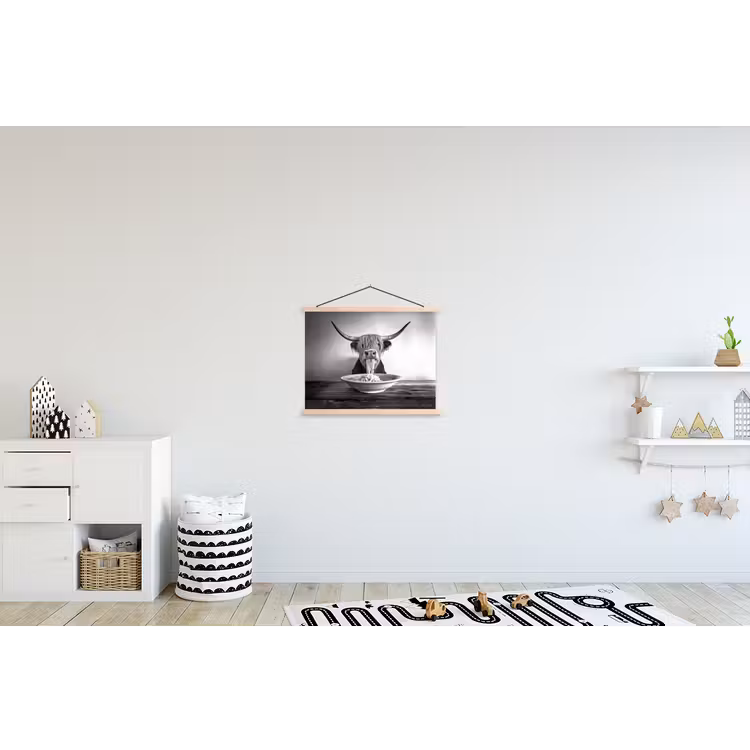 Schotse Hooglander - Spaghetti - Dieren - Zwart wit textielposter latten blank klein -kinderkamer