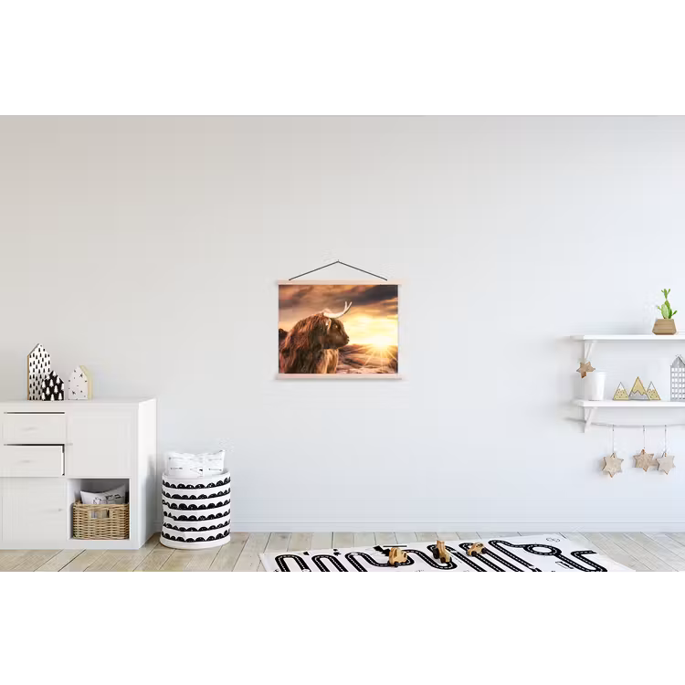 Schotse hooglander - Zon - Horizon - Koe - Dieren textielposter latten blank klein -kinderkamer