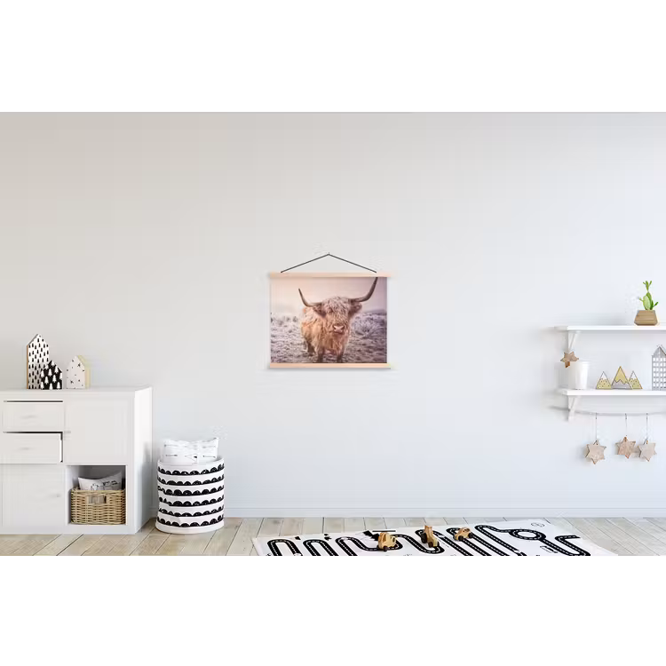 Schotse hooglanders - Licht - Lucht - Natuur textielposter latten blank klein -kinderkamer