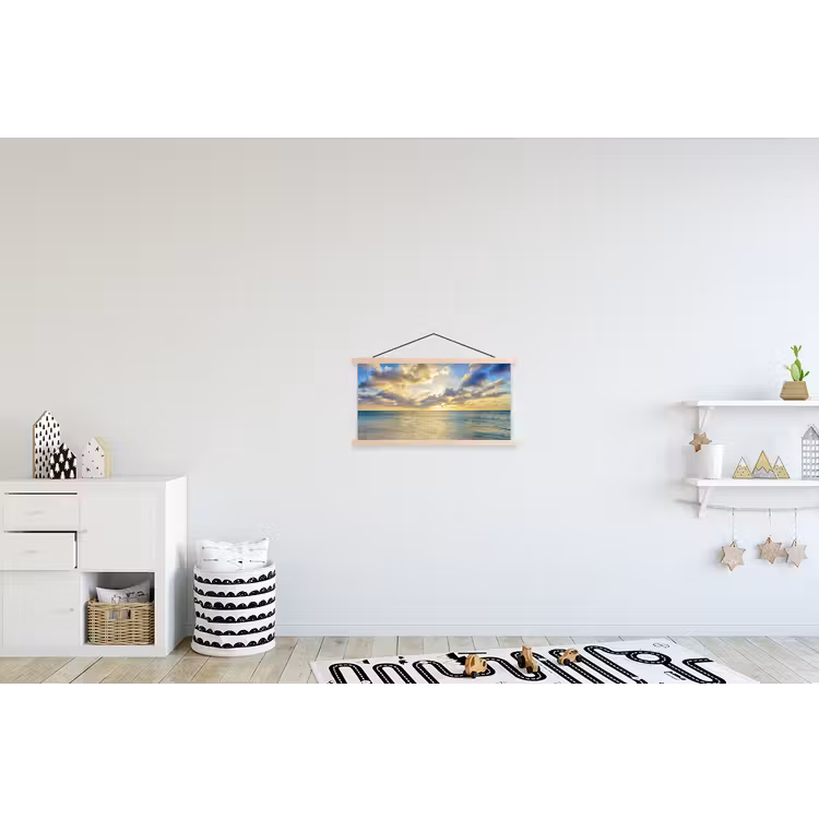 Zee - Strand - Wolken - Zon textielposter latten blank klein -kinderkamer