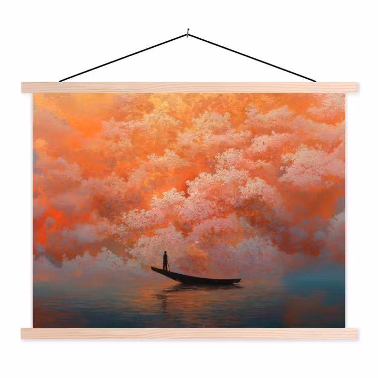 Zee - Boot - Wolken - Oranje textielposter latten blank klein -3d