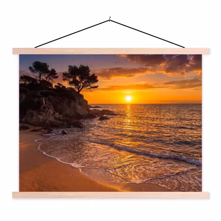 Zee - Kust - Zonsondergang - Natuur - Oranje textielposter latten blank klein -3d