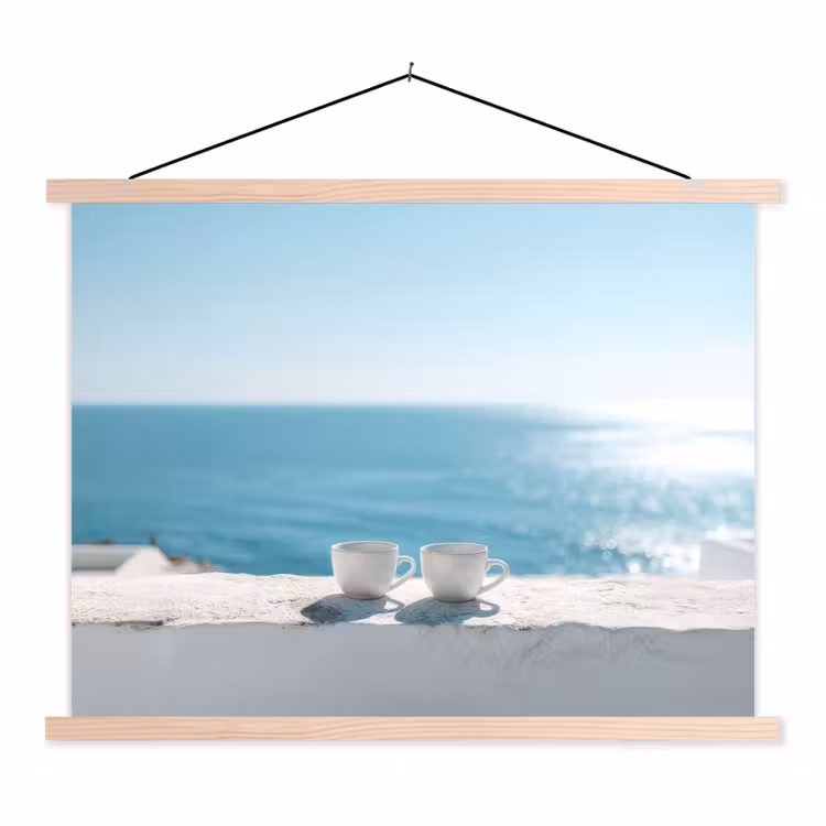 Zee - Koffiekopjes - Zomers textielposter latten blank klein -3d