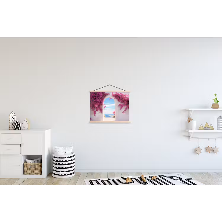 Zee - Roze - Bloemen - Poort textielposter latten blank klein -kinderkamer