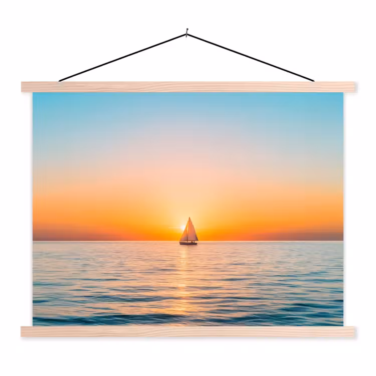 Zee - Zeilboot - Zonsondergang textielposter latten blank klein -3d