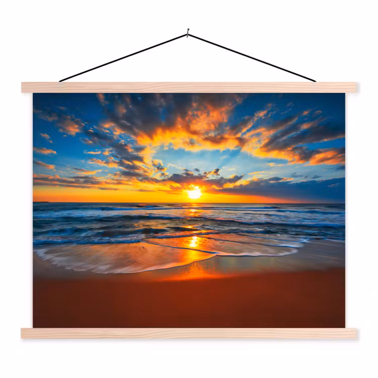 Zee - Zonsondergang - Strand - Wolken - Oranje textielposter latten blank klein -3d