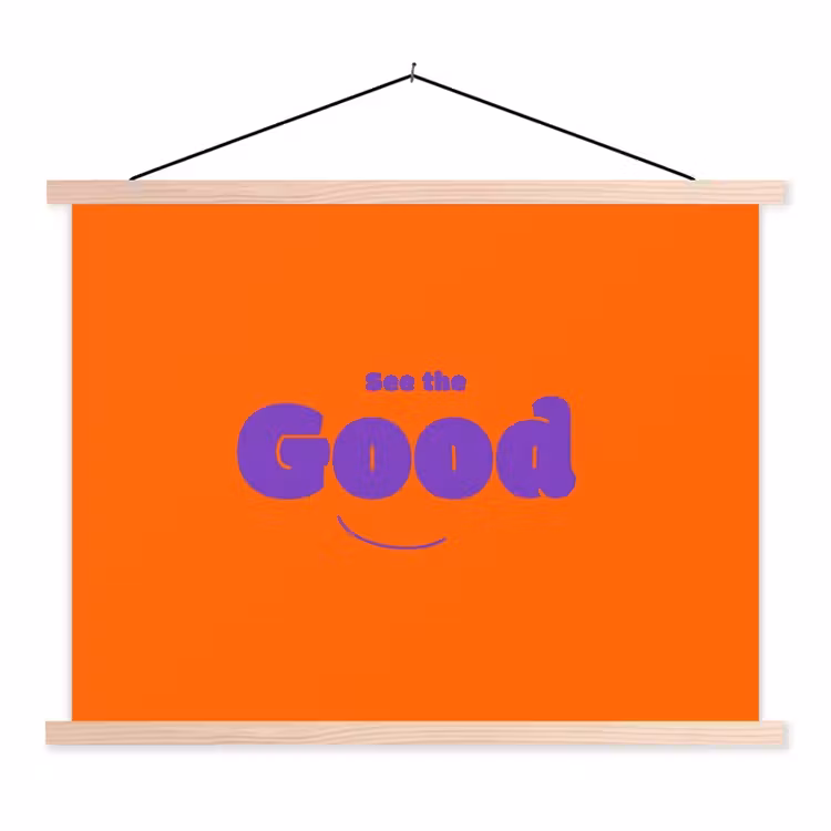 See the good - Paars - Oranje - Smiley textielposter latten blank klein -3d