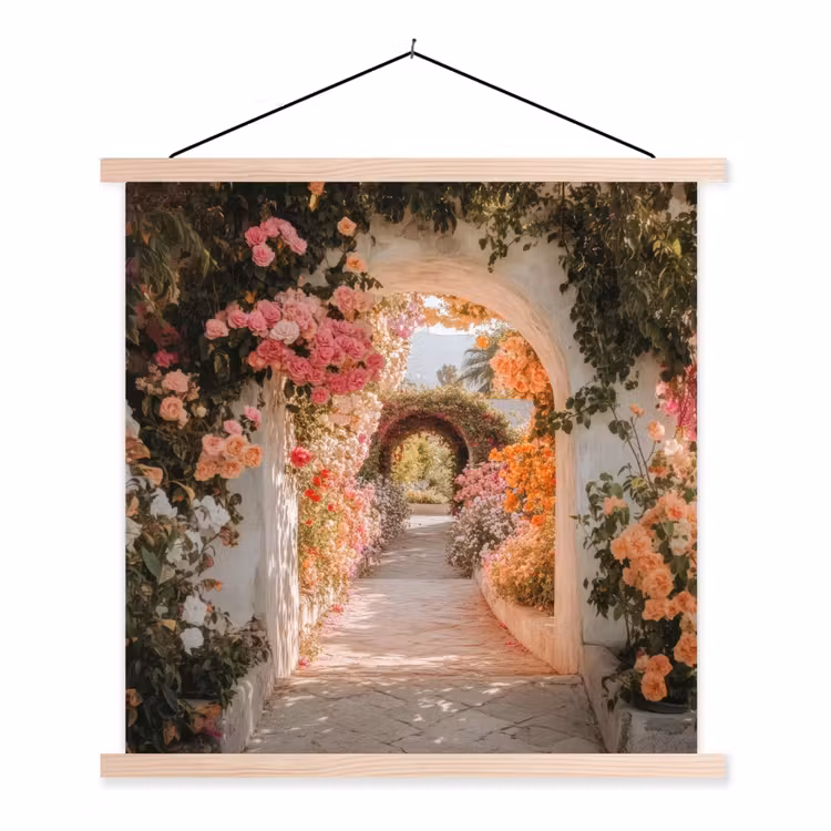 Doorkijk - Boog - Bloemen - Pastel textielposter latten blank klein -3d