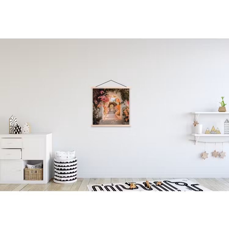 Doorkijk - Boog - Bloemen - Pastel textielposter latten blank klein -kinderkamer
