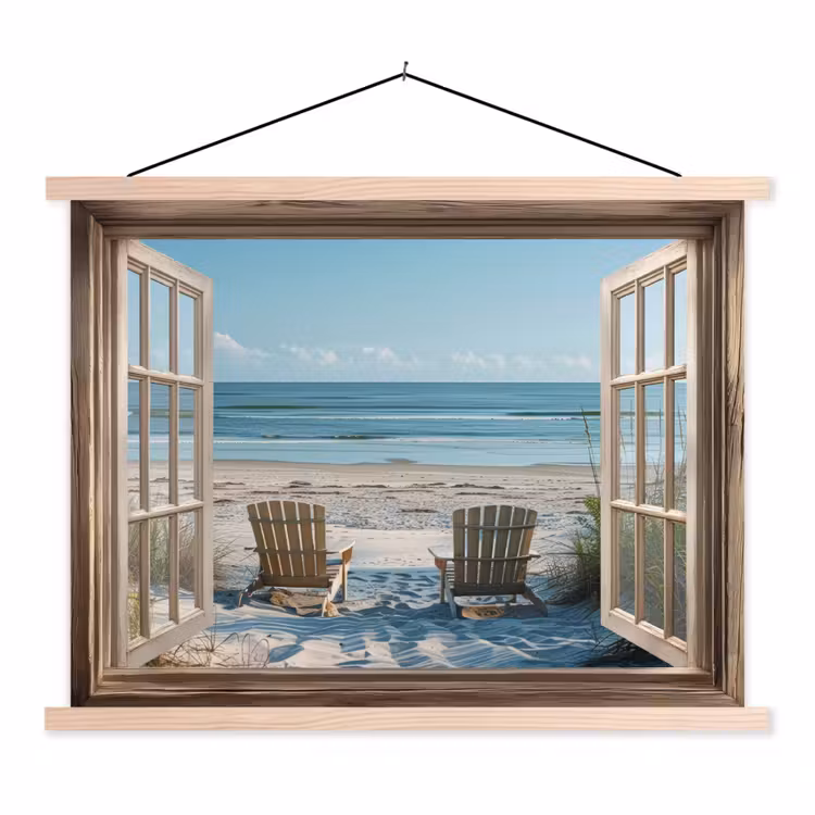 Doorkijk - Strandstoelen - Duinen - Zee - Natuur textielposter latten blank klein -3d