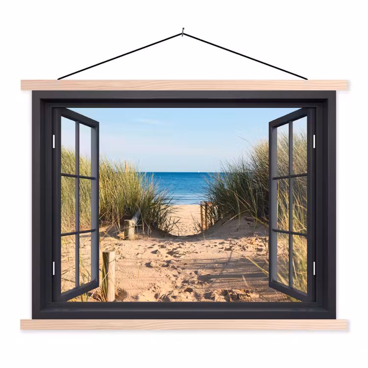 Doorkijk - Strand - Zee - Zand - Water - Helmgras - Duinen textielposter latten blank klein -3d