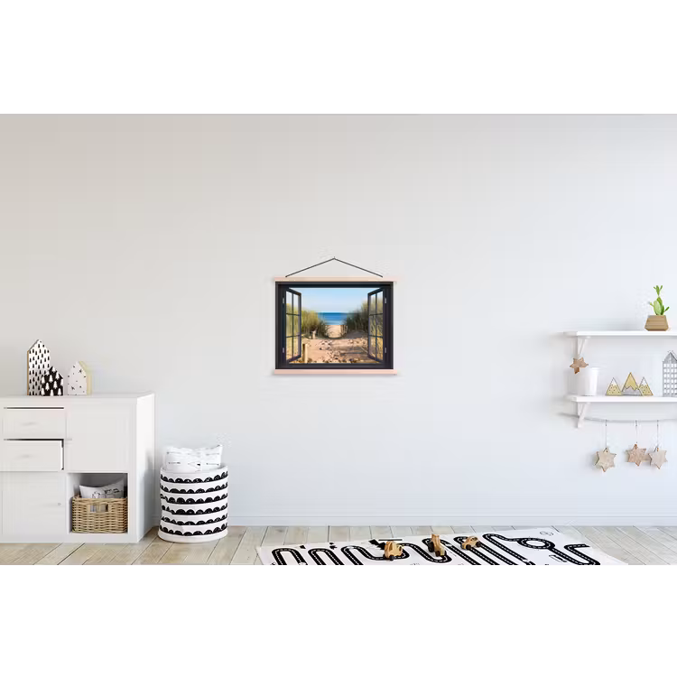 Doorkijk - Strand - Zee - Zand - Water - Helmgras - Duinen textielposter latten blank klein -kinderkamer