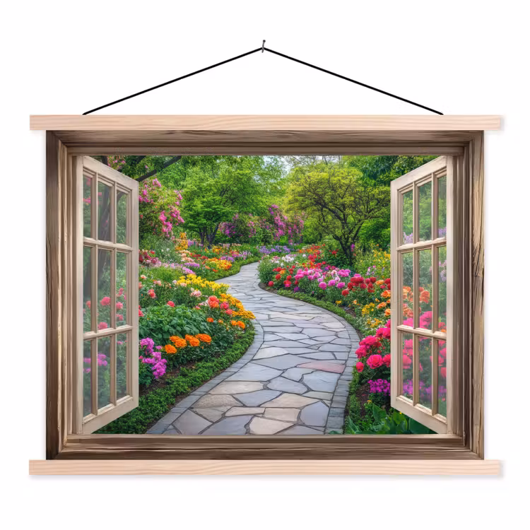 Doorkijk - Bloemen - Tuinpad - Natuur - Raam textielposter latten blank klein -3d