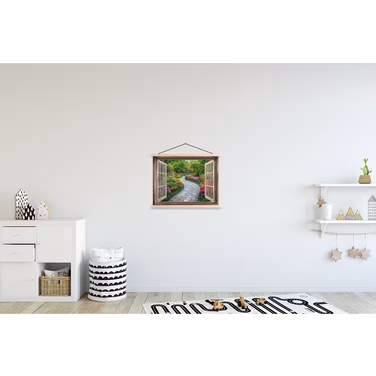 Doorkijk - Bloemen - Tuinpad - Natuur - Raam textielposter latten blank klein -kinderkamer