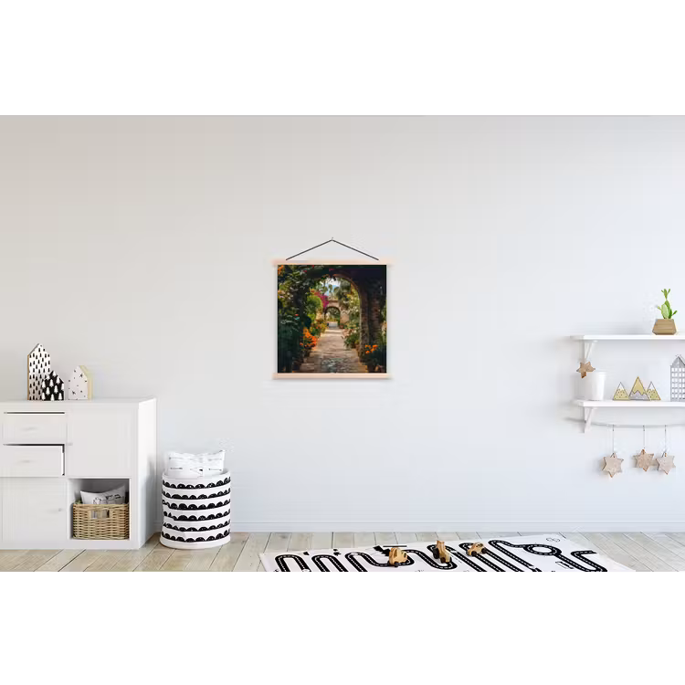 Doorkijk - Bloemen - Poort - Stenen textielposter latten blank klein -kinderkamer