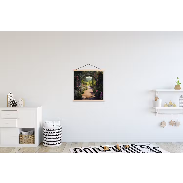 Doorkijk - Bloemen - Natuur - Rozenboog textielposter latten blank klein -kinderkamer
