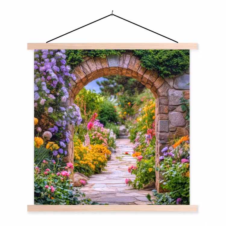 Doorkijk - Bloemen - Pad - Natuur textielposter latten blank klein -3d