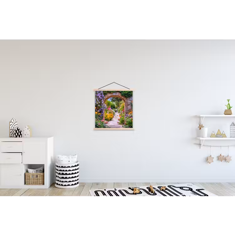 Doorkijk - Bloemen - Pad - Natuur textielposter latten blank klein -kinderkamer