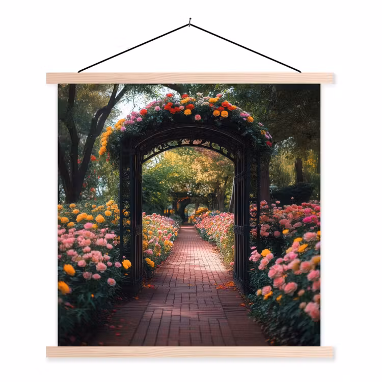 Doorkijk - Bloemen - Pad - Natuur - Kleurrijk textielposter latten blank klein -3d