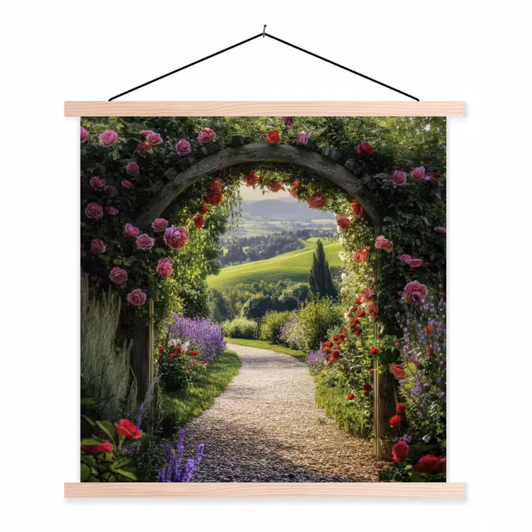 Doorkijk - Tuinboog - Bloemen - Natuur - Pad textielposter latten blank klein -3d