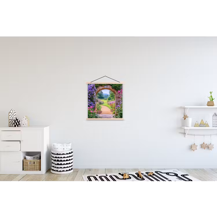 Doorkijk - Poort - Bloemen - Tuin textielposter latten blank klein -kinderkamer
